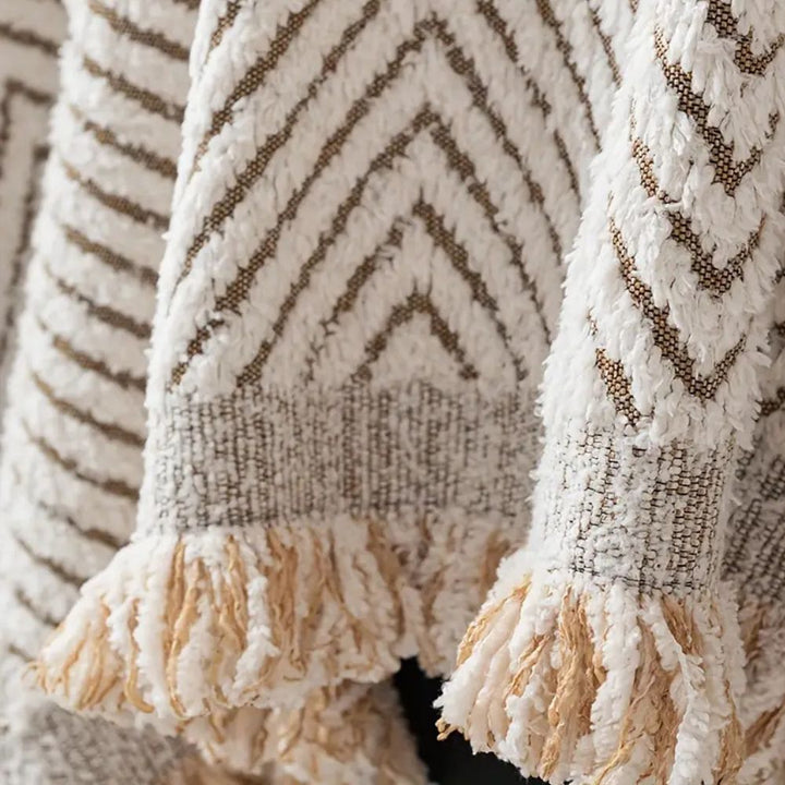 Sofa Throw Cover - Chevron Knit with Fringe Trim