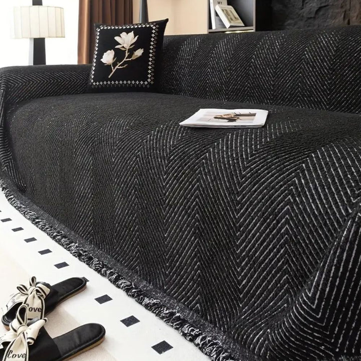 Sofa Throw Cover - Chevron Knit with Fringe Trim