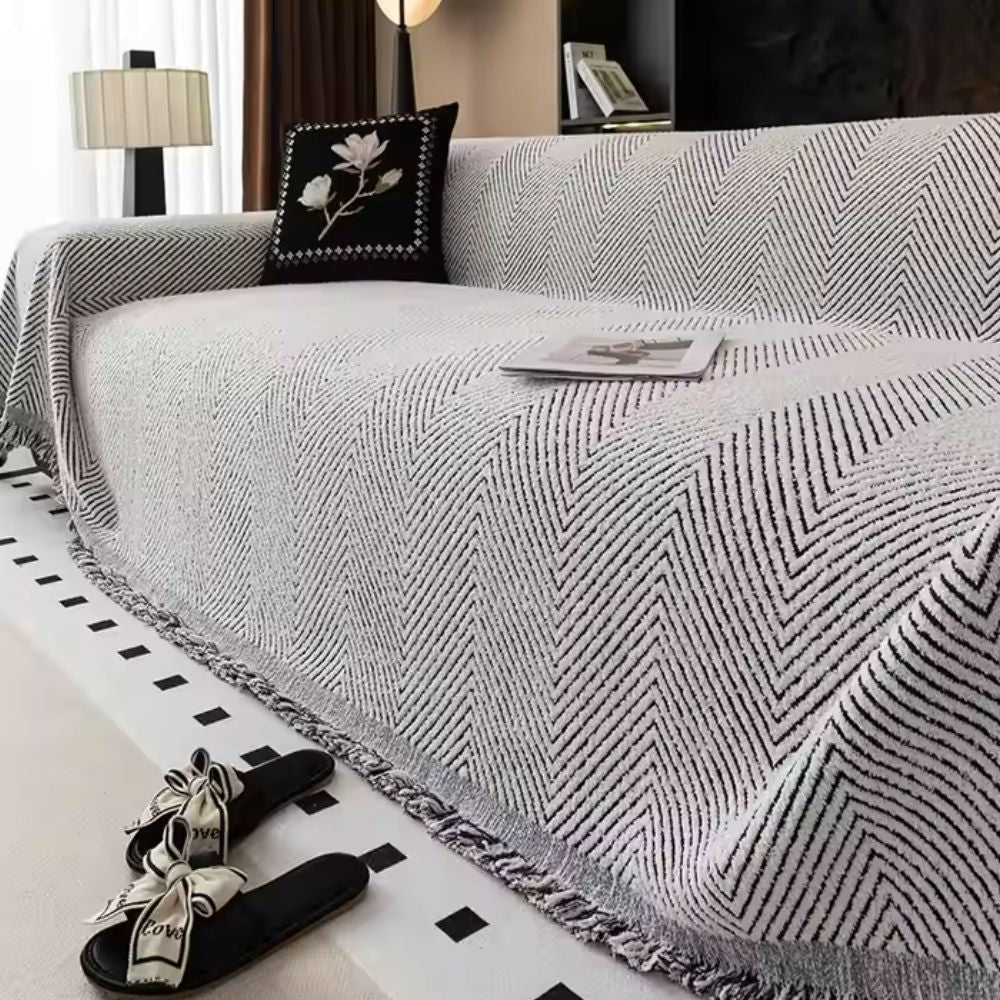Sofa Throw Cover - Chevron Knit with Fringe Trim