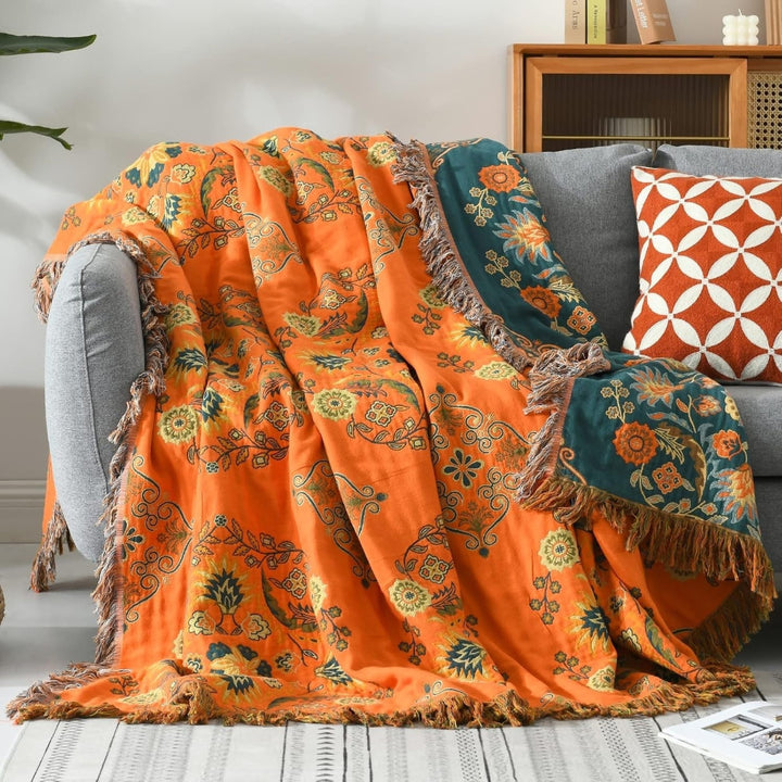 Throw Blanket - Floral Pattern with Tassel Fringe