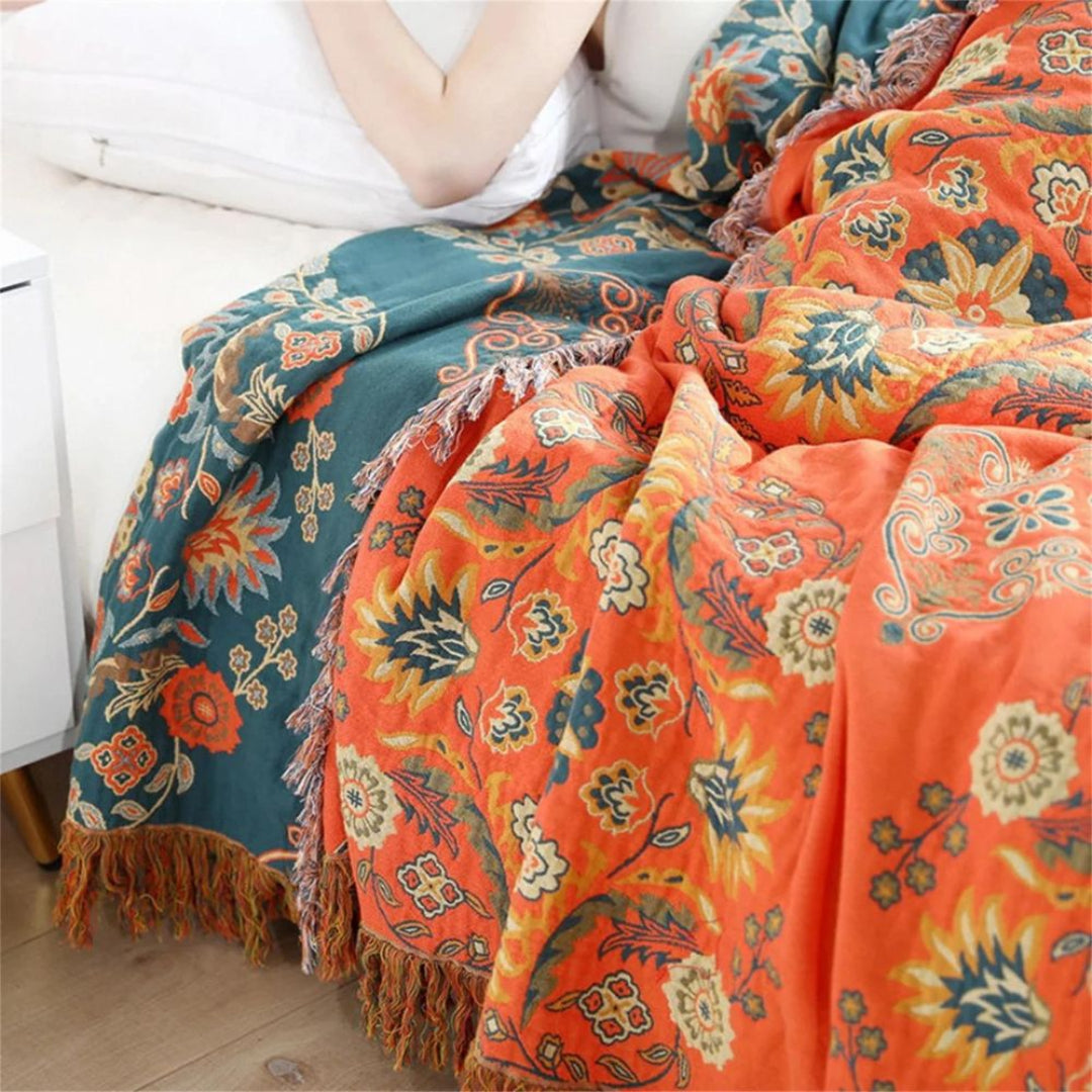 Throw Blanket - Floral Pattern with Tassel Fringe