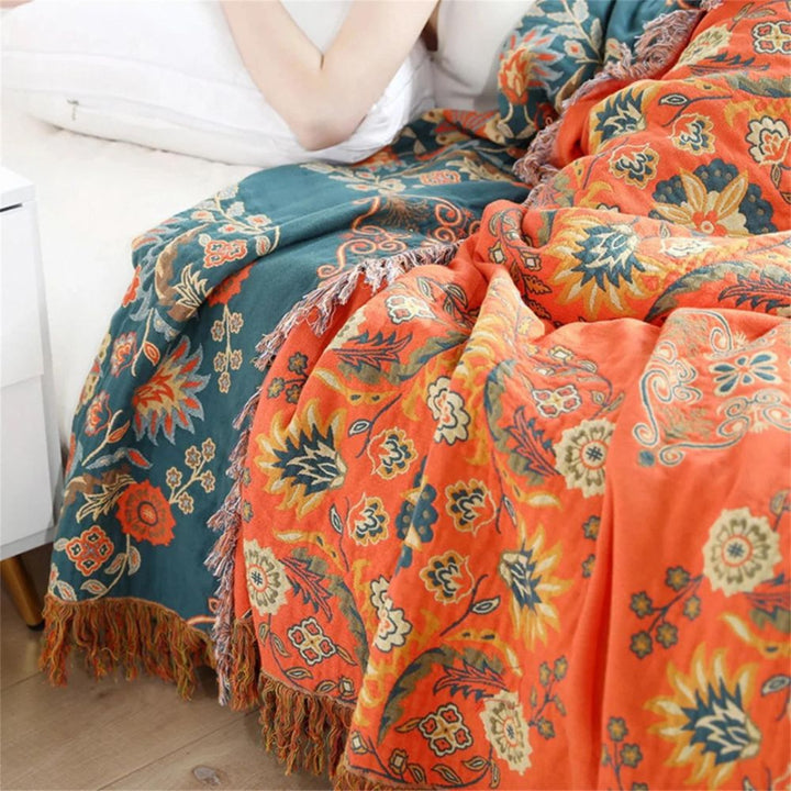 Throw Blanket - Floral Pattern with Tassel Fringe