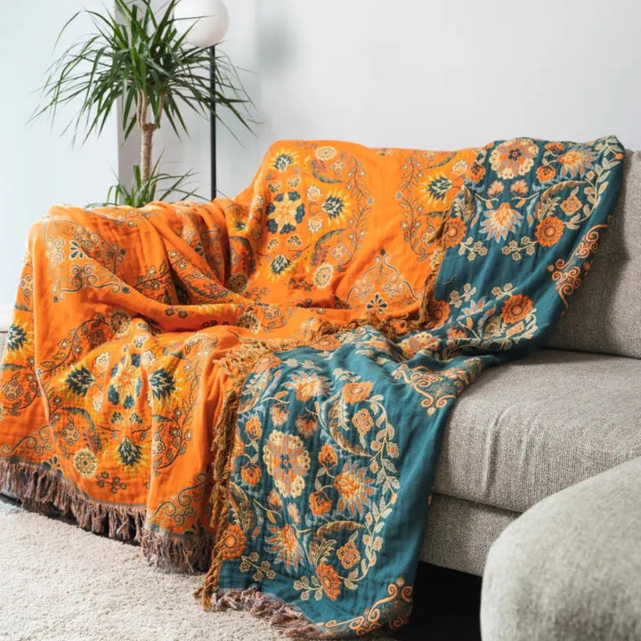 Throw Blanket - Floral Pattern with Tassel Fringe