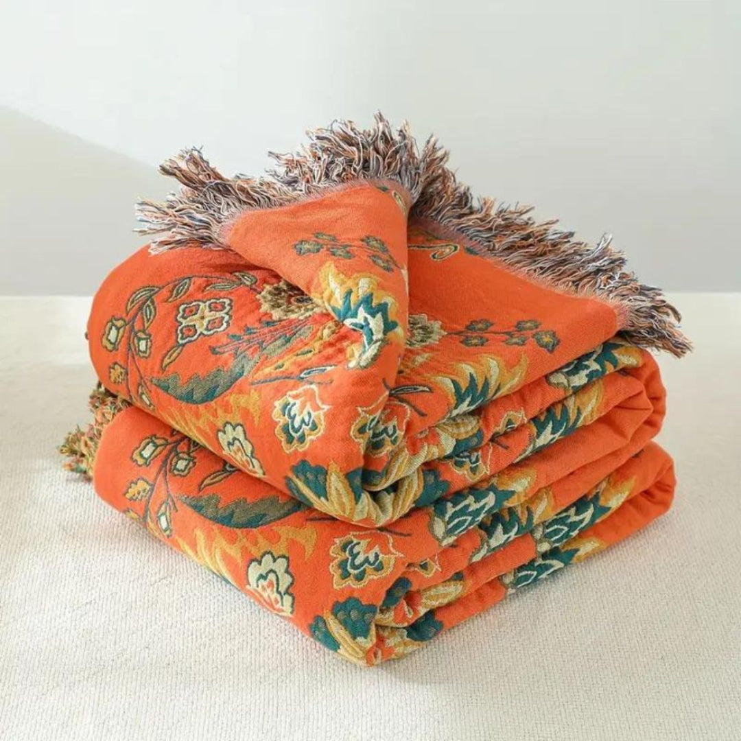 Throw Blanket - Floral Pattern with Tassel Fringe