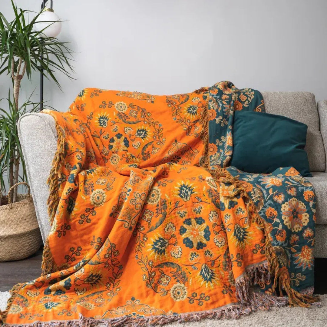 Throw Blanket - Floral Pattern with Tassel Fringe