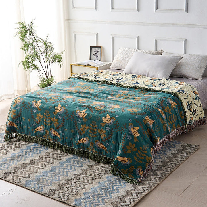 Throw Blanket - Reversible Bird and Floral Print