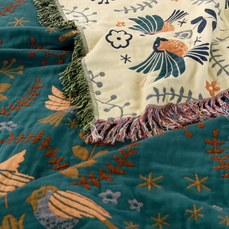 Throw Blanket - Reversible Bird and Floral Print