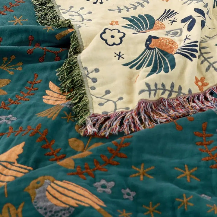 Throw Blanket - Reversible Bird and Floral Print