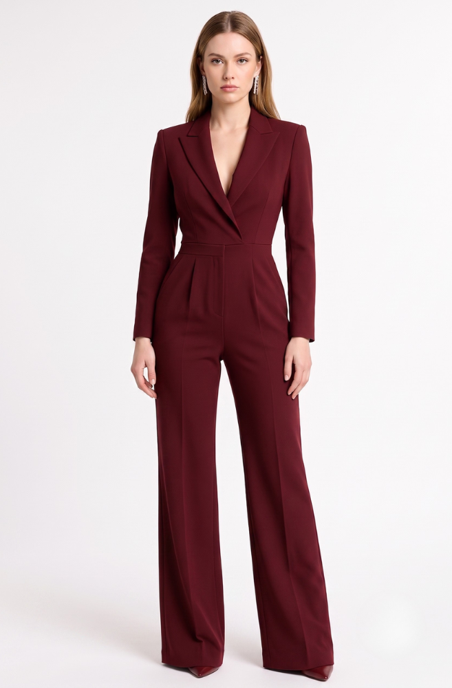 Women's Blazer Jumpsuit - Deep V Neck Long Sleeve Wide Leg Jumpsuit