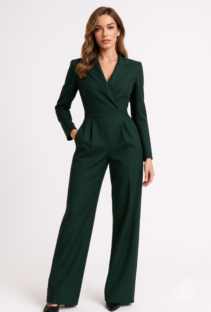 Women's Blazer Jumpsuit - Deep V Neck Long Sleeve Wide Leg Jumpsuit