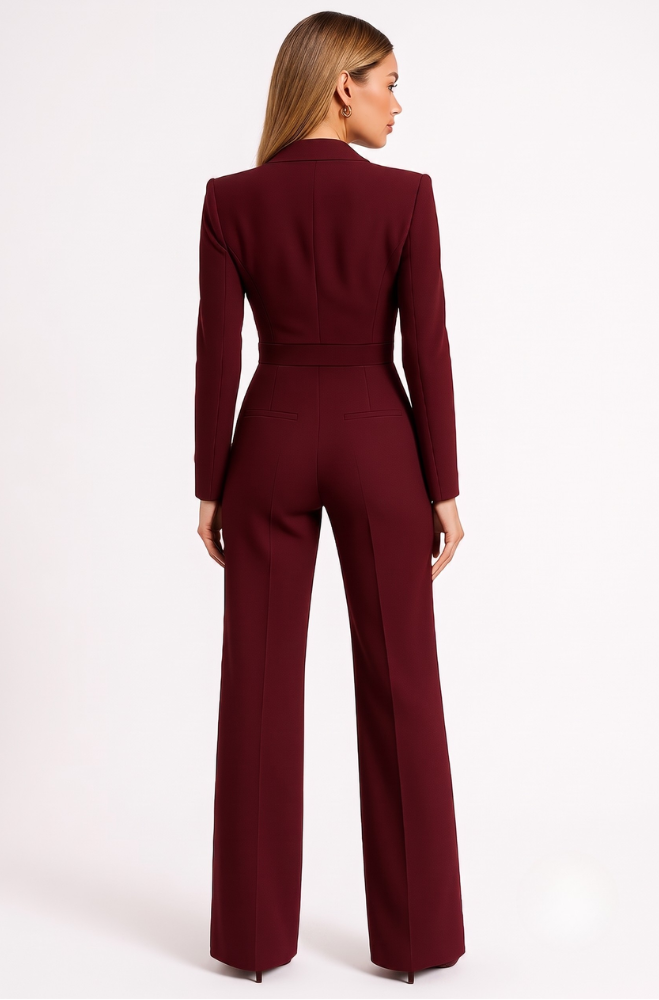 Women's Blazer Jumpsuit - Deep V Neck Long Sleeve Wide Leg Jumpsuit