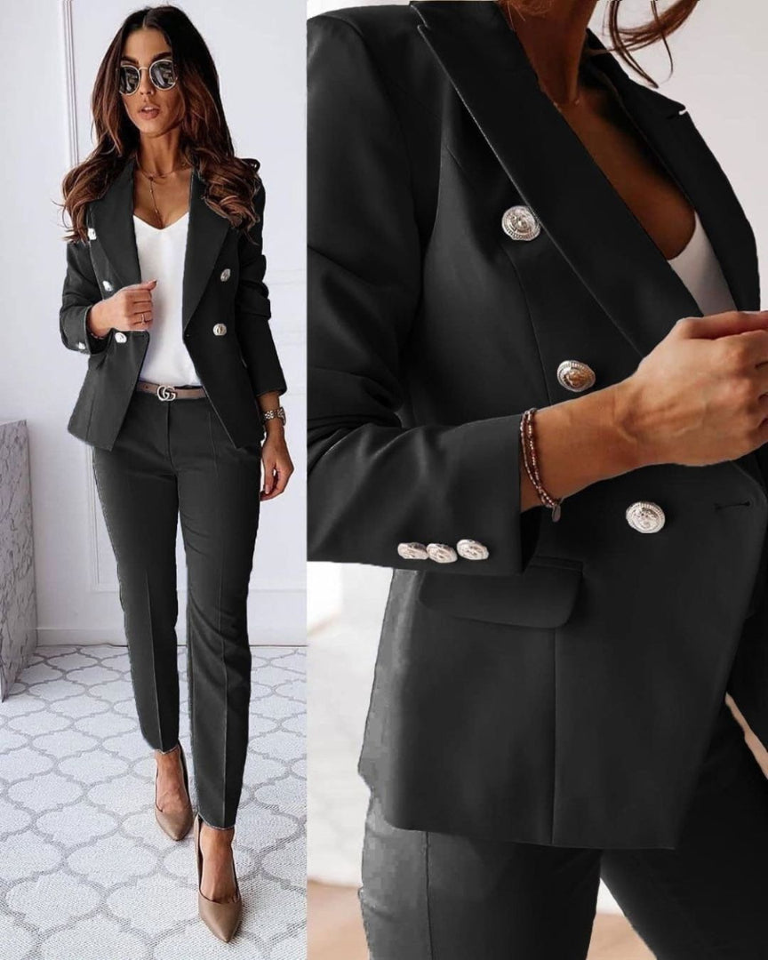 Women's Blazer and Trouser Set - Silver Button Suit