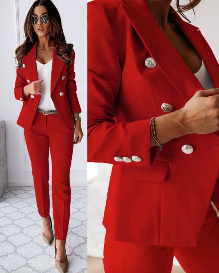 Women's Blazer and Trouser Set - Silver Button Suit
