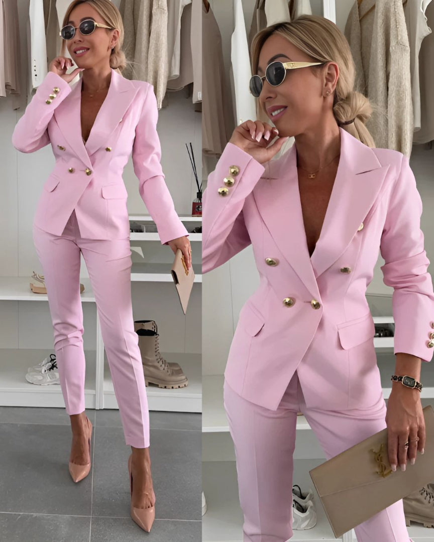 Women's Blazer and Trouser Set - Silver Button Suit