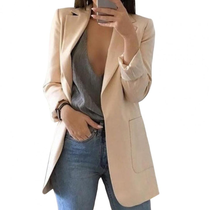 Women's Blazer with Open Front and Lapel Collar - Fitted Jacket with Long Sleeves