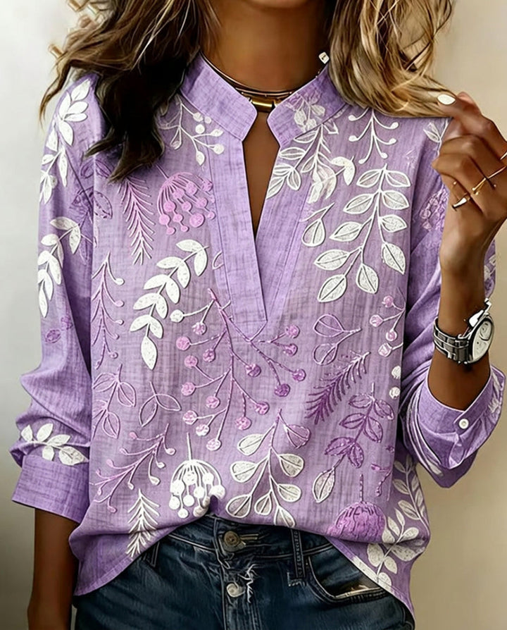 Women's Botanical Print V Neck Blouse With Stand Collar