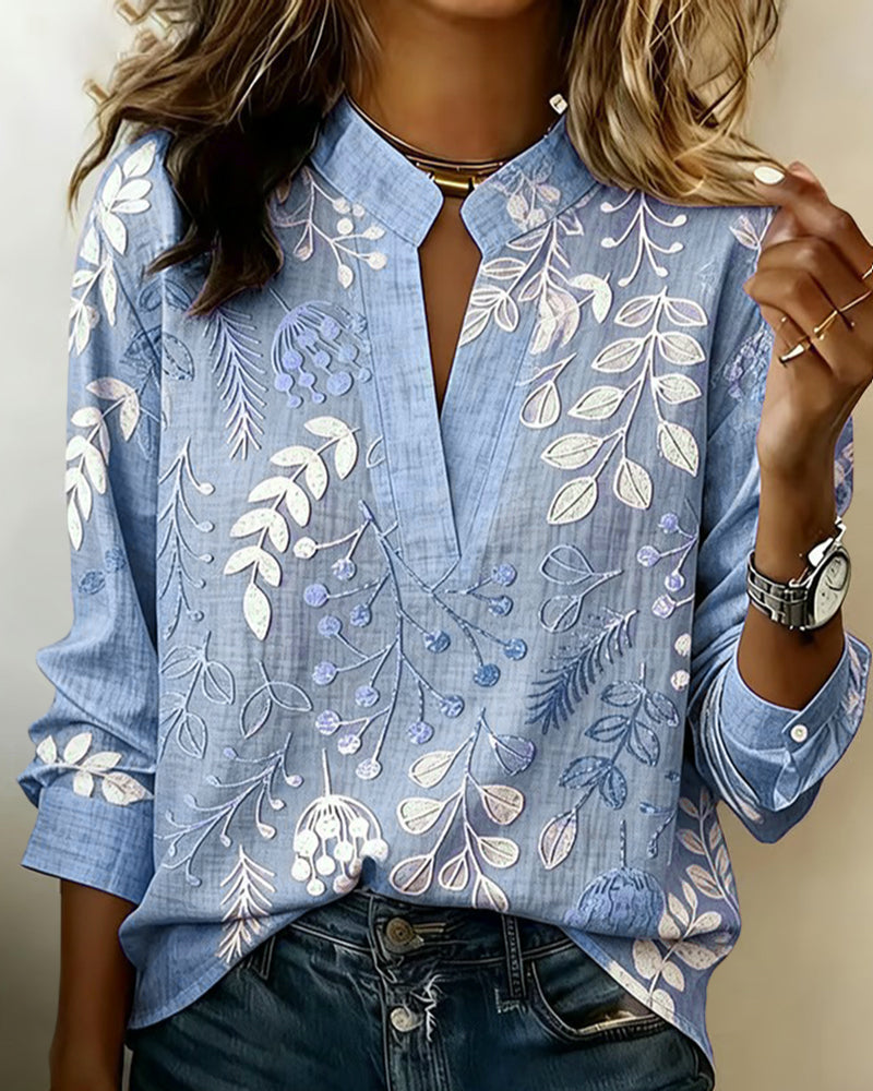 Women's Botanical Print V Neck Blouse With Stand Collar