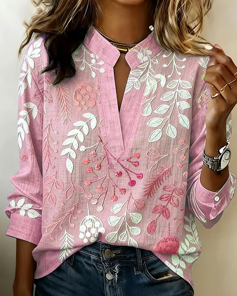 Women's Botanical Print V Neck Blouse With Stand Collar