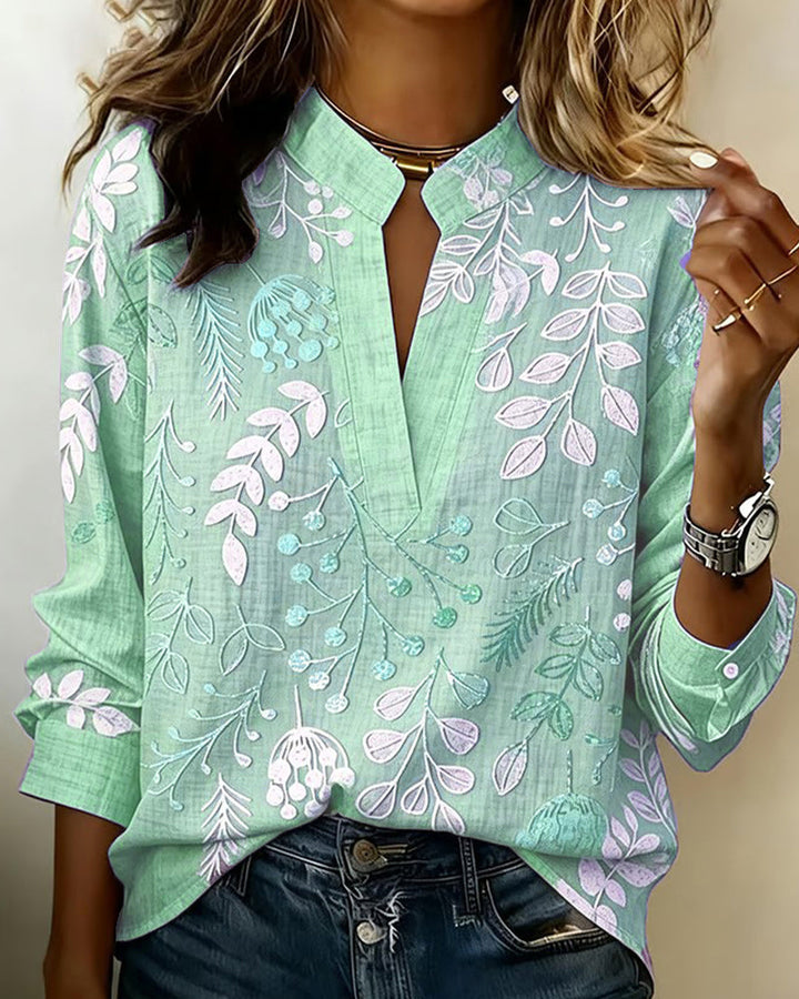 Women's Botanical Print V Neck Blouse With Stand Collar