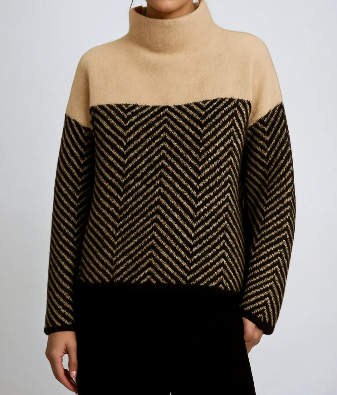 Women's Chevron Knit Turtleneck Sweater - Colour Block Long Sleeve Pullover
