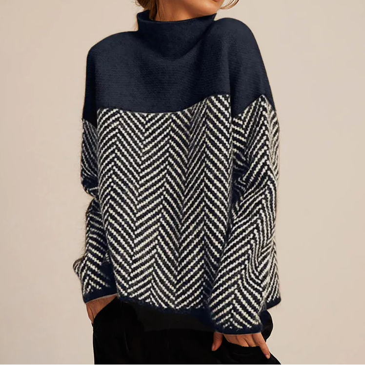 Women's Chevron Knit Turtleneck Sweater - Colour Block Long Sleeve Pullover
