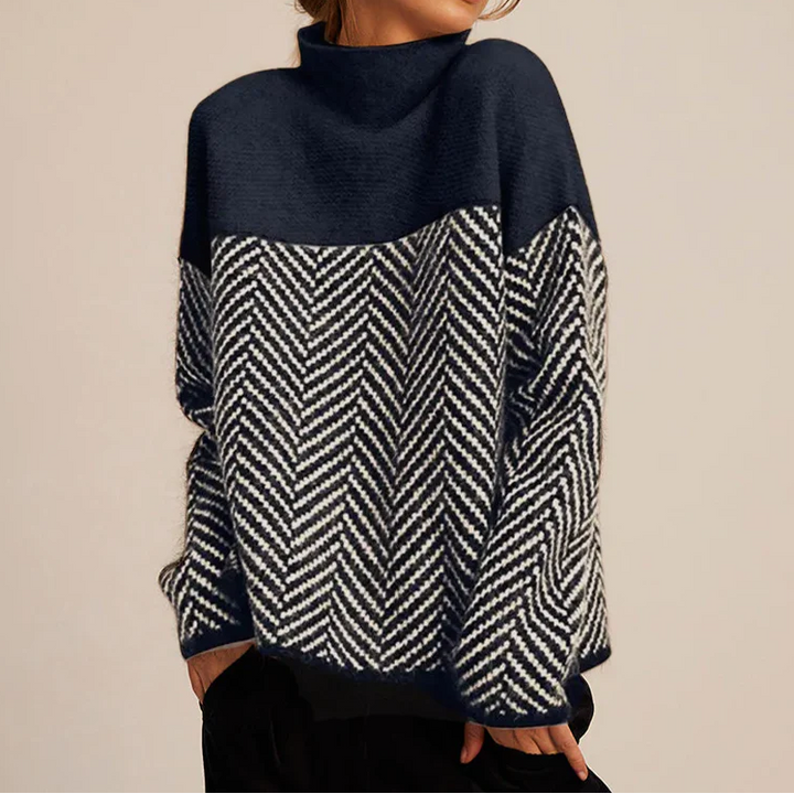 Women's Chevron Knit Turtleneck Sweater - Colour Block Long Sleeve Pullover