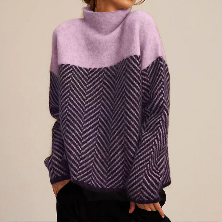 Women's Chevron Knit Turtleneck Sweater - Colour Block Long Sleeve Pullover