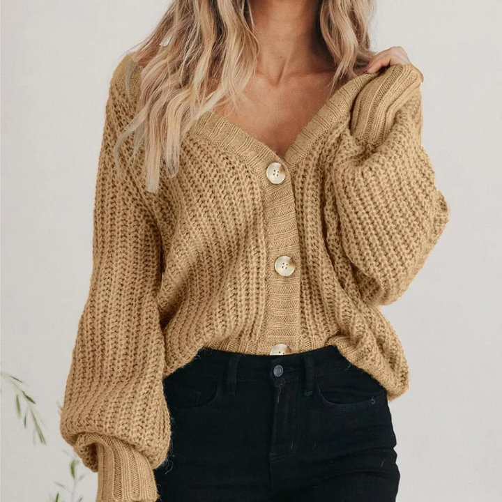 Women's Chunky Knit Cardigan - Oversized V-Neck Button Front Cropped