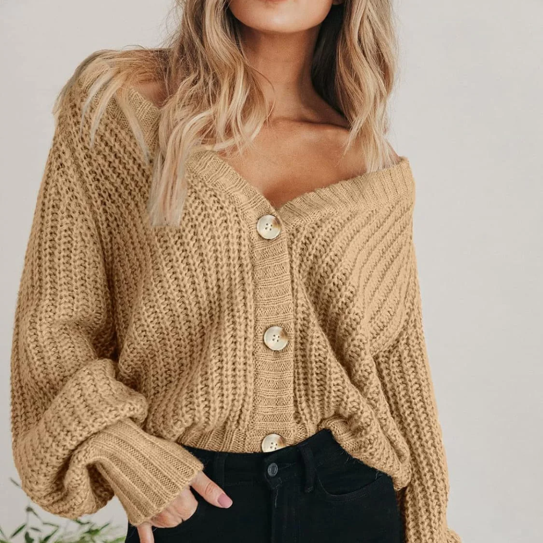 Women's Chunky Knit Cardigan - Oversized V-Neck Button Front Cropped