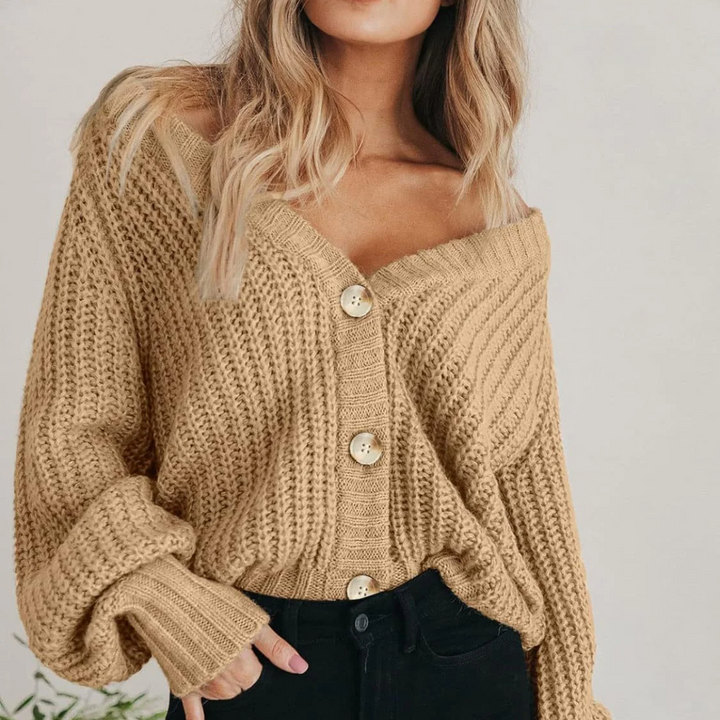 Women's Chunky Knit Cardigan - Oversized V-Neck Button Front Cropped