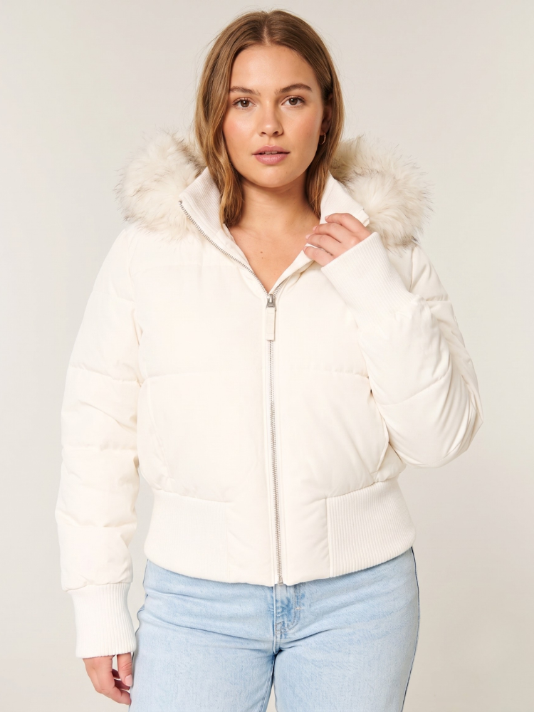 Women's Cropped Puffer Jacket - Faux Fur Hood Coat