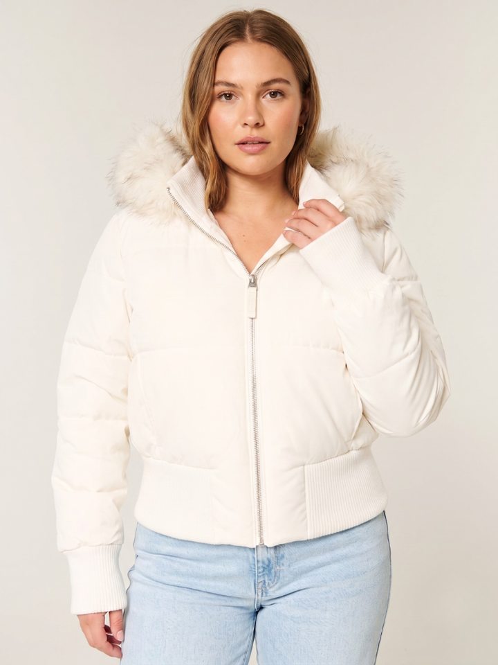 Women's Cropped Puffer Jacket - Faux Fur Hood Coat