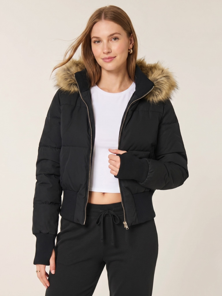 Women's Cropped Puffer Jacket - Faux Fur Hood Coat