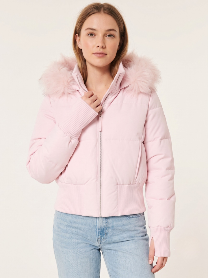 Women's Cropped Puffer Jacket - Faux Fur Hood Coat