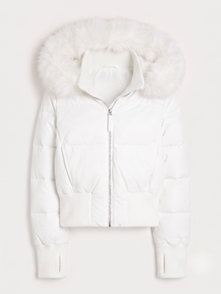 Women's Cropped Puffer Jacket - Faux Fur Hood Coat