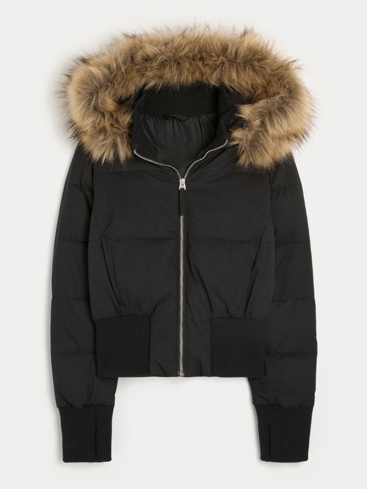 Women's Cropped Puffer Jacket - Faux Fur Hood Coat