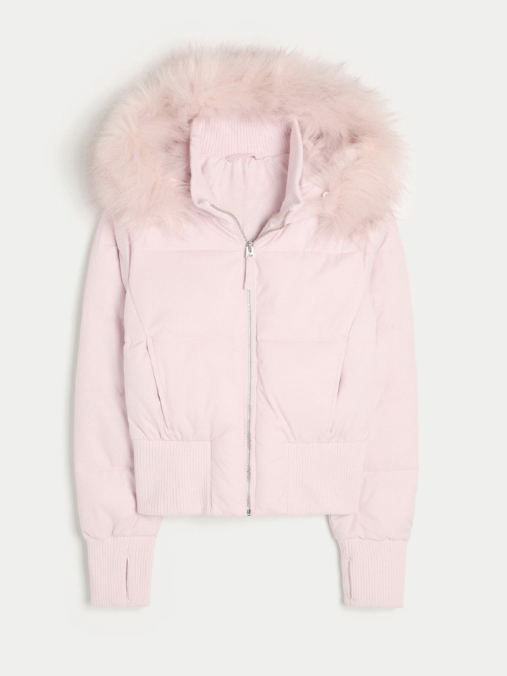 Women's Cropped Puffer Jacket - Faux Fur Hood Coat