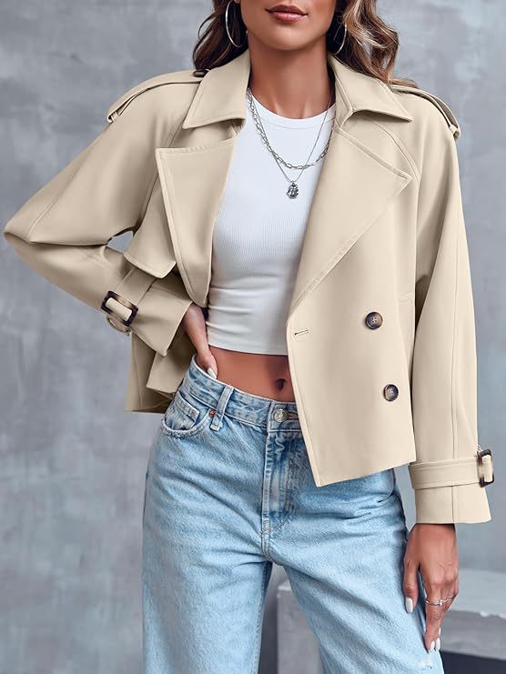Women's Cropped Trench Coat - Double Button Lapel Short Jacket with Belt Cuffs