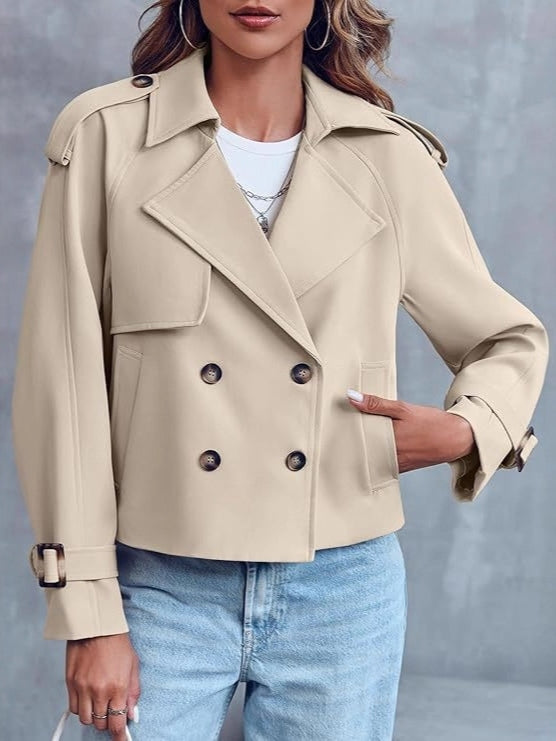 Women's Cropped Trench Coat - Double Button Lapel Short Jacket with Belt Cuffs