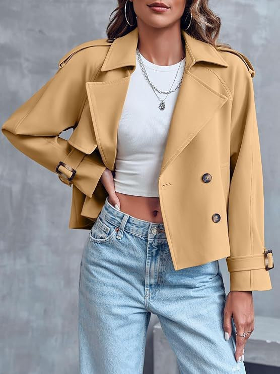 Women's Cropped Trench Coat - Double Button Lapel Short Jacket with Belt Cuffs
