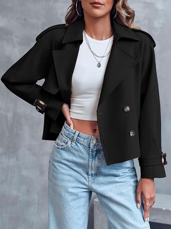 Women's Cropped Trench Coat - Double Button Lapel Short Jacket with Belt Cuffs