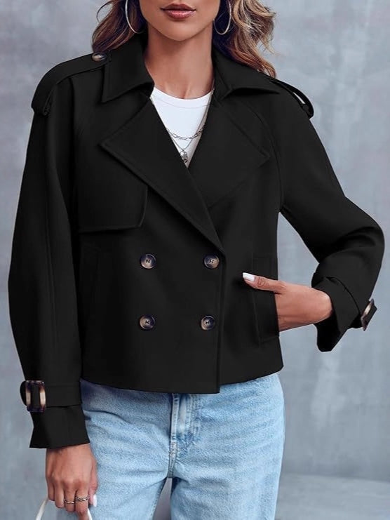 Women's Cropped Trench Coat - Double Button Lapel Short Jacket with Belt Cuffs