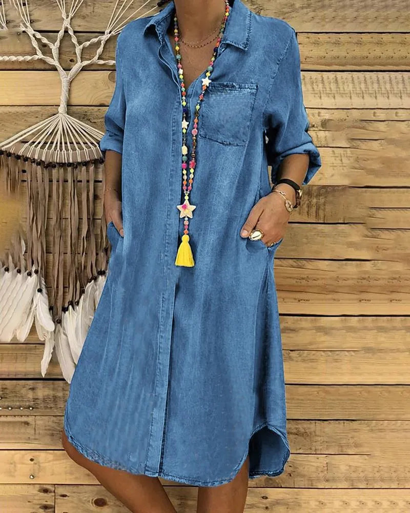Women's Denim Shirt Dress - Long Sleeve Button Front Knee-Length