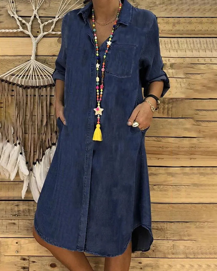 Women's Denim Shirt Dress - Long Sleeve Button Front Knee-Length