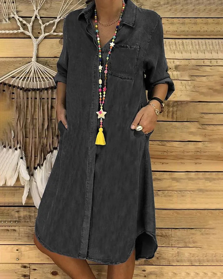 Women's Denim Shirt Dress - Long Sleeve Button Front Knee-Length
