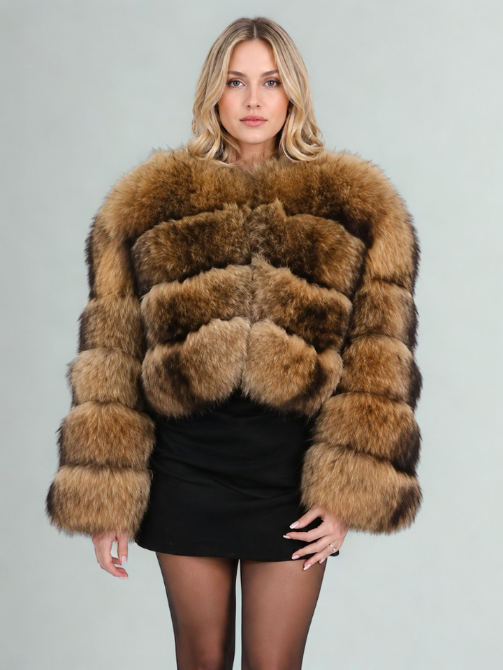 Women's Faux Fur Cropped Jacket - Tiered Panel Jacket