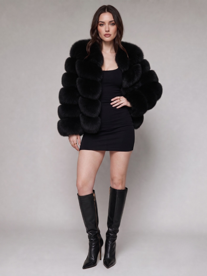 Women's Faux Fur Cropped Jacket - Tiered Panel Jacket