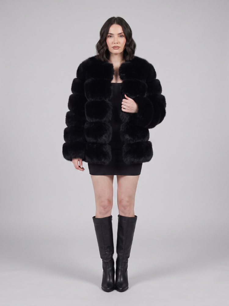 Women's Faux Fur Cropped Jacket - Tiered Panel Jacket