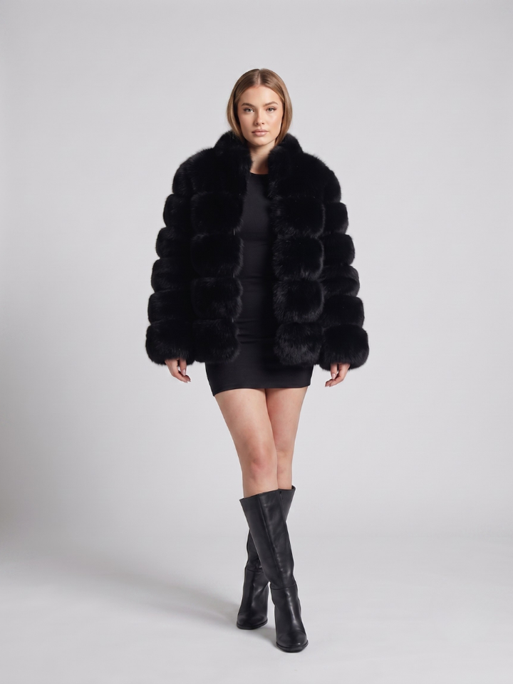 Women's Faux Fur Cropped Jacket - Tiered Panel Jacket