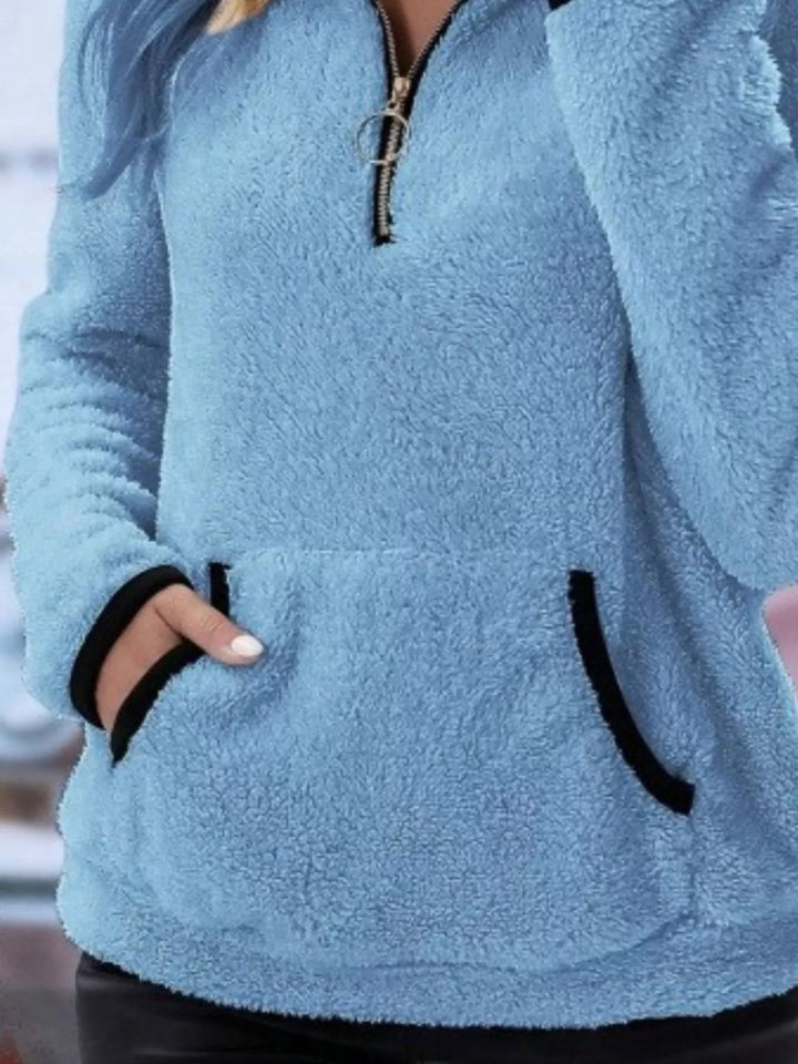 Women's Fleece Half-Zip Pullover - Stand Collar Front Pocket